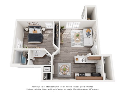 a stylized floor plan with a bedroom and a living room